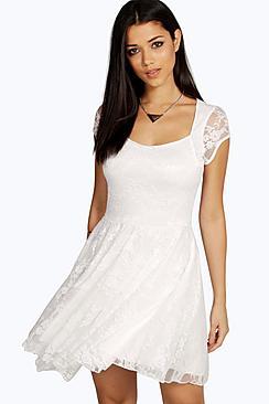 Boohoo Caroline Cap Sleeve Lace Skater Dress