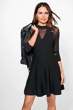 Boohoo Grace Mesh Sleeve Knit Skater Dress
