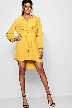 Boohoo Olivia Twist Front Woven Shirt Dress