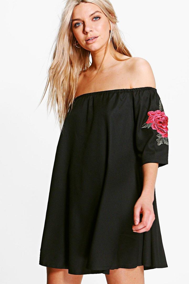 Boohoo Cleo Embroidered Cold Shoulder Dress Black