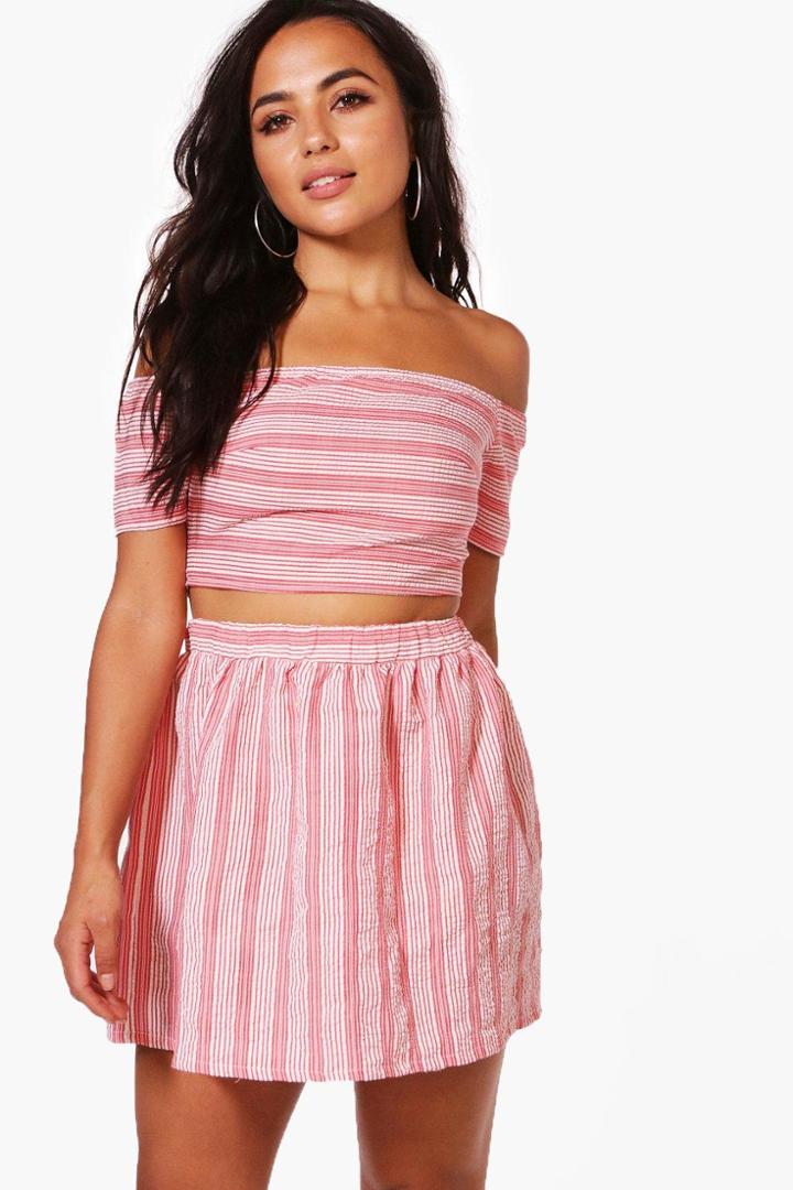 Boohoo Petite Holly Stripe Bardot Crop + Skater Skirt Co-ord Red