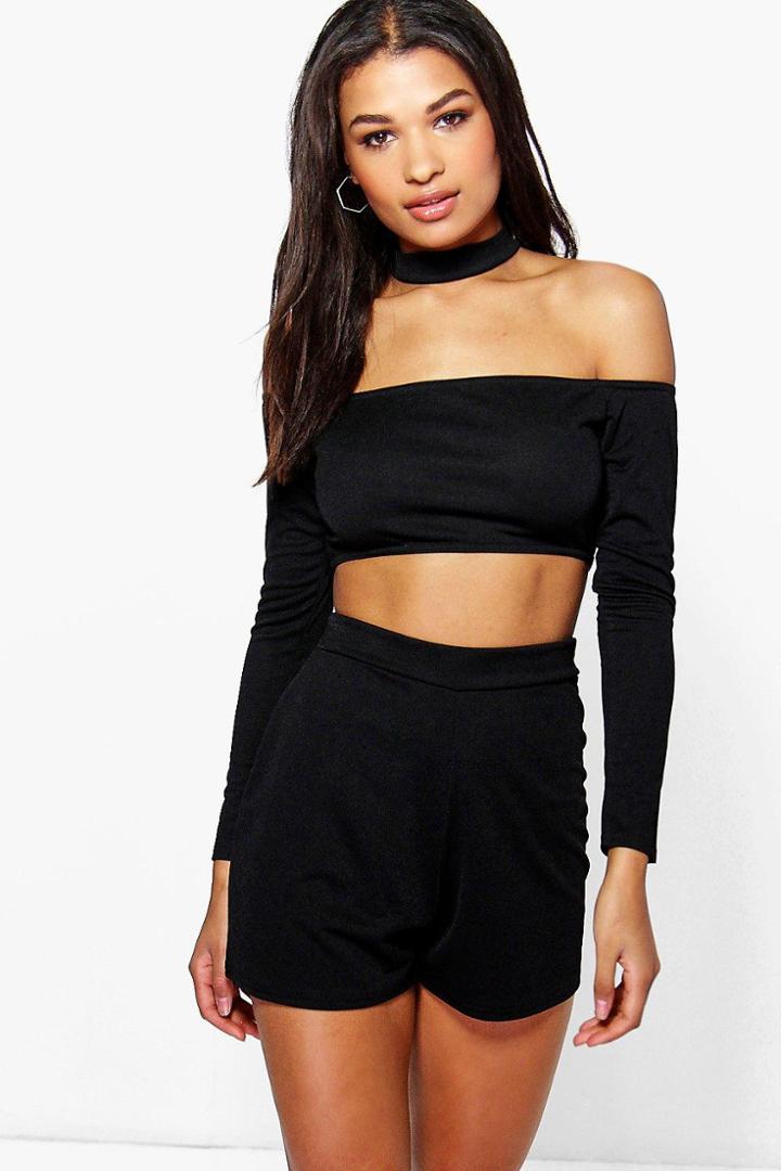 Boohoo Petite April Cut Out Choker Long Sleeved Playsuit Black