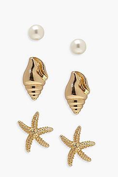 Boohoo Pearl Star & Shell Mini Stud Set