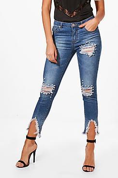 Boohoo Pearl Detail Distressed Skinny Jeans