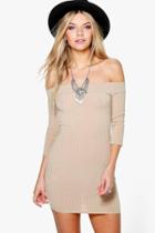 Boohoo Sonia Ribbed Off The Shoulder Bodycon Dress Sand