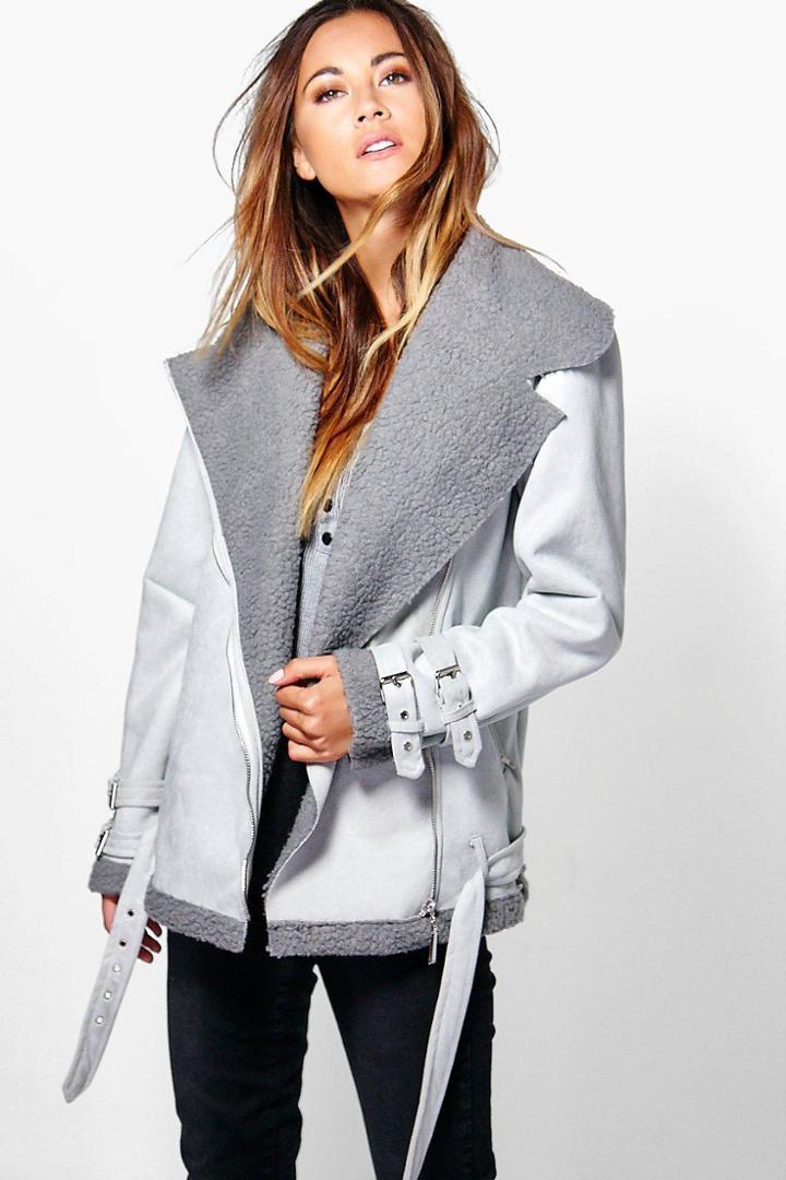 Boohoo Lillie Bonded Aviator Jacket Grey