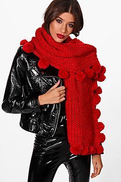 Boohoo Sara Pom Pom Edge Knitted Scarf