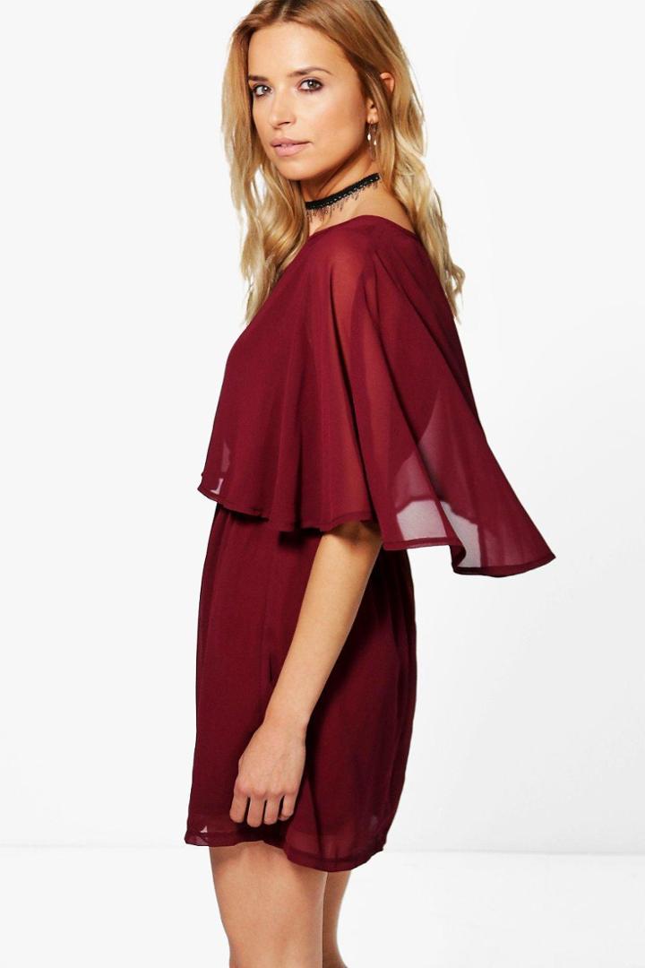 Boohoo Astley Chiffon Cape Skater Dress Wine