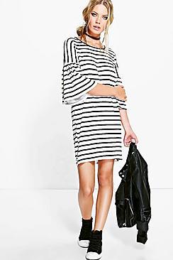 Boohoo Shannon Striped Bell Sleeve Shift Dress
