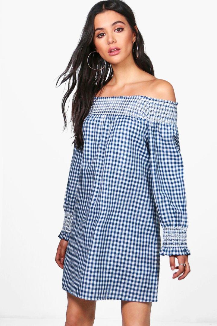 Boohoo Monica Gingham Off Shoulder Shift Dress Blue