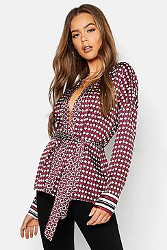 Boohoo Woven Mixed Geo Tie Blouse
