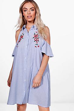 Boohoo Talia Cold Shoulder Embroidered Shirt Dress