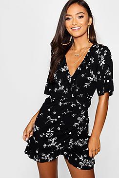 Boohoo Petite Ditsy Floral Wrap & Ruffle Tea Dress