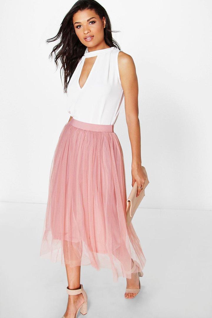 Boohoo Boutique Aya Tulle Full Midi Skirt Taupe