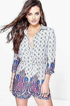 Boohoo Hannah Paisley Border Shirt Playsuit