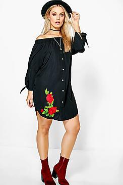 Boohoo Plus Lana Embroidered Off The Shoulder Dress
