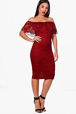 Boohoo Ari Scallop Lace Off The Shoulder Midi Dress
