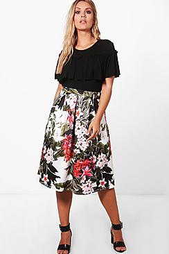 Boohoo Plus Lottie Floral Midi Skater Skirt