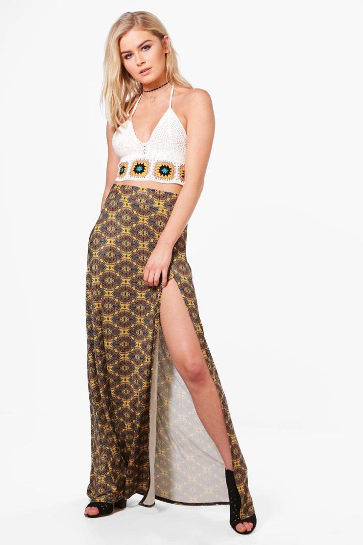 Boohoo Eva Bohemian Print Thigh Split Full Maxi Skirt Mustard