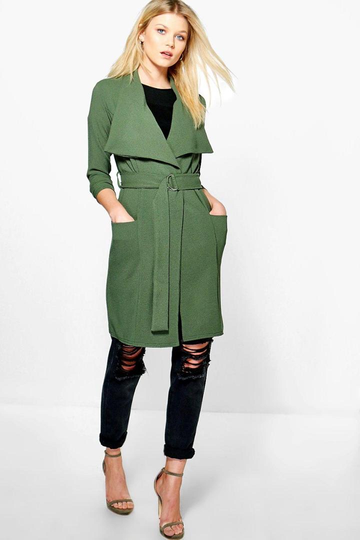 Boohoo Petite Kourt D Ring Belted Waterfall Duster Khaki