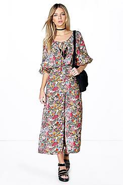 Boohoo Olivia Floral Wide Leg Ruffle Culotte Jumpsuit