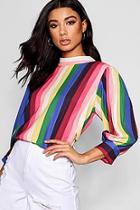 Boohoo Beau Rainbow Stripe Balloon Sleeve Blouse