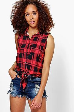Boohoo Molly Check Tie Waist Shirt