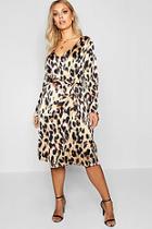 Boohoo Plus Leopard Print Long Sleeve Midi Dress