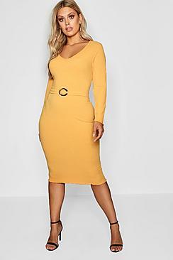 Boohoo Plus Ribbed Belted Dress