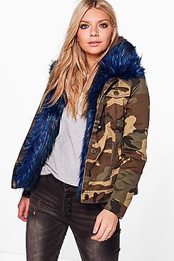 Boohoo Charlotte Faux Fur Trim Camo Jacket