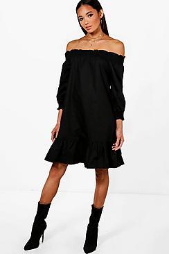 Boohoo Sarah Shirred Off The Shoulder Shift Dress