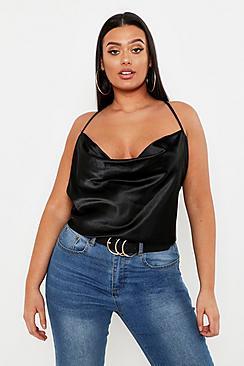 Boohoo Plus Cross Back Cowl Neck Satin Cami