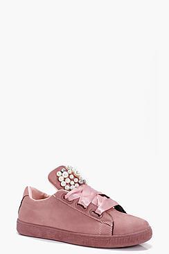 Boohoo Millie Pearl & Diamante Ribbon Lace Trainer
