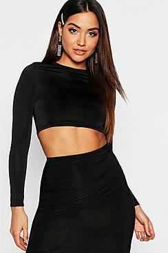 Boohoo Long Sleeve Slinky Disco Crop Top