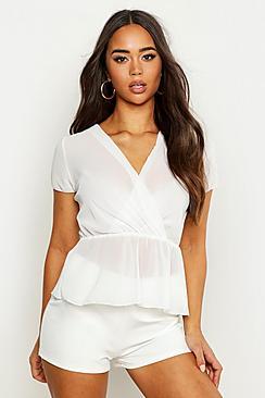Boohoo Woven Short Sleeve Wrap Peplum Blouse