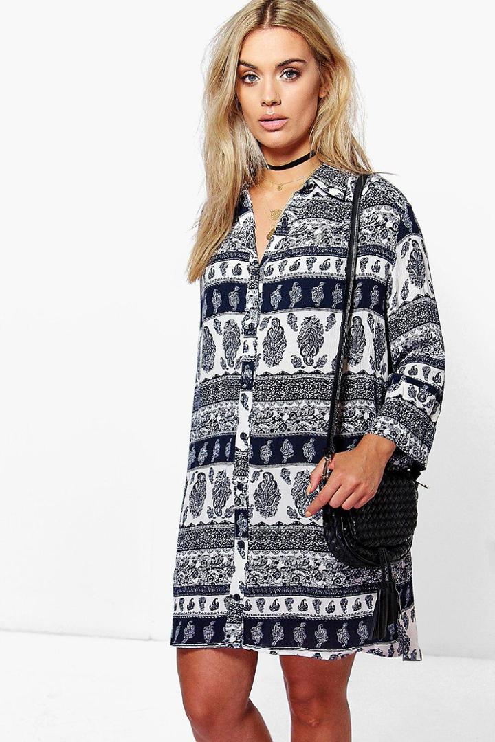 Boohoo Plus Indi Paisley Shift Dress Navy