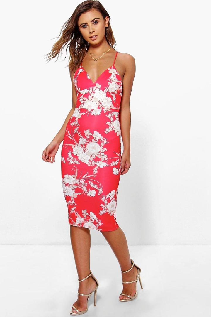 Boohoo Petite Jules Plunge Neck Printed Midi Dress Red