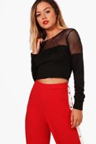 Boohoo Petite Tilly Raw Hem Fishnet Crop Sweat Black