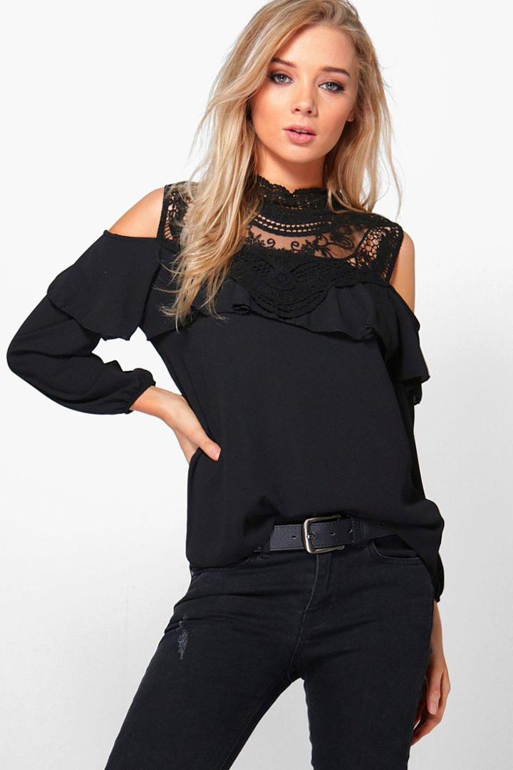 Boohoo Grace Crochet Panel Cold Shoulder Blouse Black