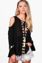 Boohoo Amelia Black Mirrored Trim Cold Shoulder Top Black