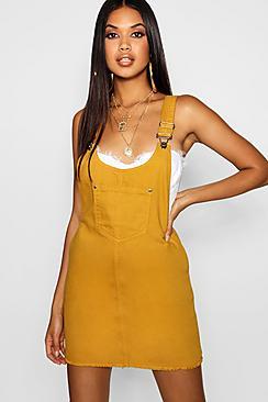 Boohoo Mustard Denim Pinafore Dress