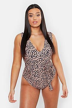 Boohoo Plus Animal Tie Waist Plunge Front Swimsuit