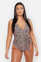 Boohoo Plus Animal Tie Waist Plunge Front Swimsuit