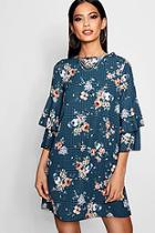 Boohoo Floral Check Volume Sleeve Shift Dress