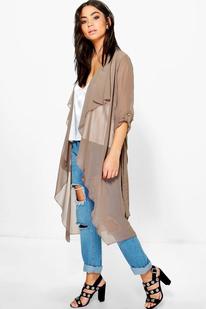 Boohoo Libby Chiffon Waterfall Duster Mocha