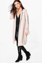 Boohoo Lara Tie Cuff Rib Duster Stone