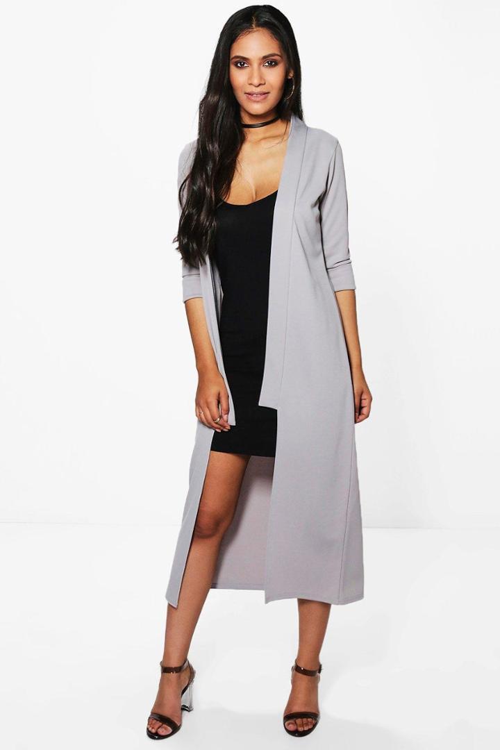 Boohoo Poppy Step Collar Longline Duster Grey