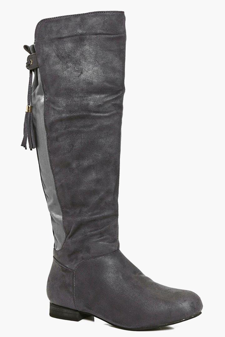 Boohoo Heidi Flat Tassel Tie Knee Boot Grey