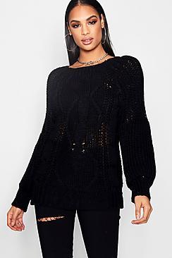 Boohoo Lauren Chunky Cable Knit Balloon Sleeve Jumper