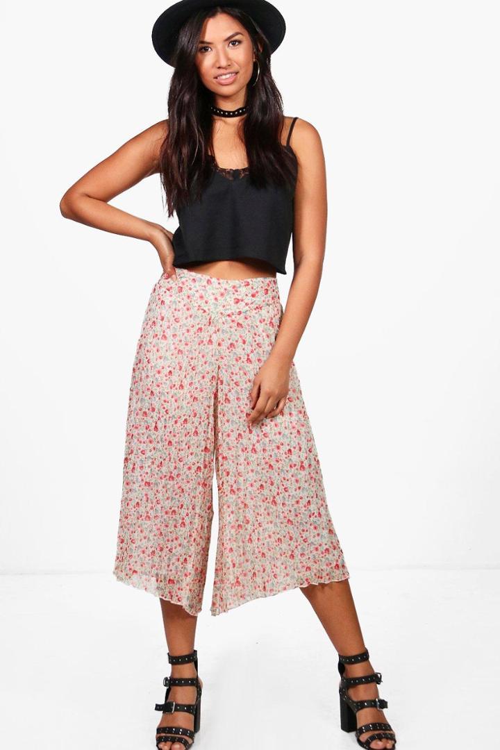 Boohoo Maria Pleated Floral Woven Culottes Ivory